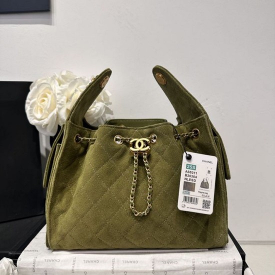 Replica Chanel AS5293, borsa a secchiello con coulisse piccola Hobo Vintage Verde pelle di daino