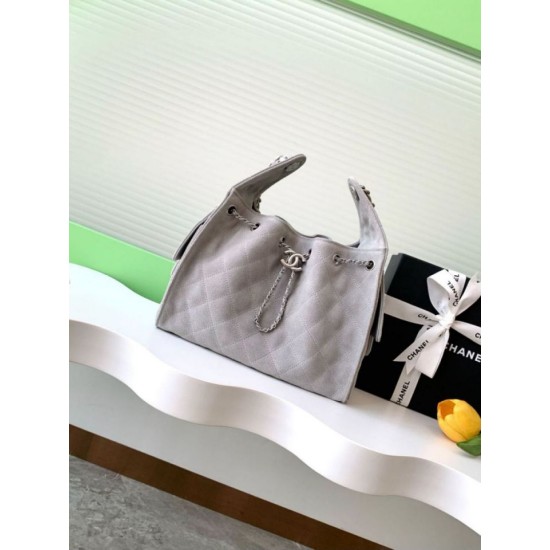 Replica Chanel AS5293 Borsa a secchiello piccola Hobo Vintage con coulisse in pelle scamosciata grigia Imitazioni Replica Chanel AS5293 Borsa a secchiello piccola Hobo Vintage con coulisse in pelle scamosciata grigia