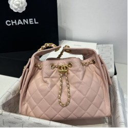 Chanel AS5293 Borse a secchiello piccola Hobo Vintage con coulisse in pelle di vitello granata rosa