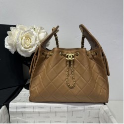 Chanel 25c AS5293 Borsa a secchiello Hobo Vintage piccola con coulisse in pelle di vitello granata Marrone