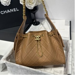 Chanel 25c AS5293 Borsa a secchiello Hobo Vintage piccola con coulisse in pelle di vitello granata Marrone