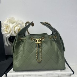 Replica Chanel 25c AS5293 Borsa a secchiello Hobo Vintage piccola con coulisse in pelle di vitello granata Verde
