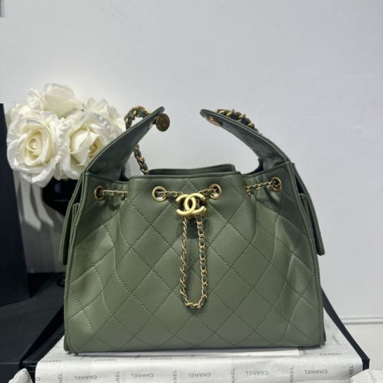 Replica Chanel 25c AS5293 Borsa a secchiello Hobo Vintage piccola con coulisse in pelle di vitello granata Verde