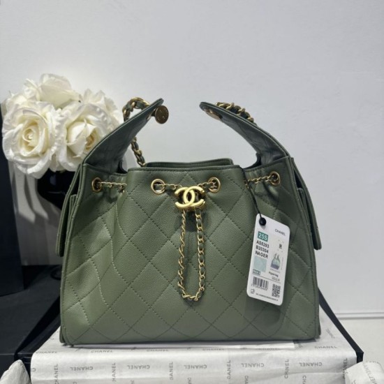 Replica Chanel 25c AS5293 Borsa a secchiello Hobo Vintage piccola con coulisse in pelle di vitello granata Verde