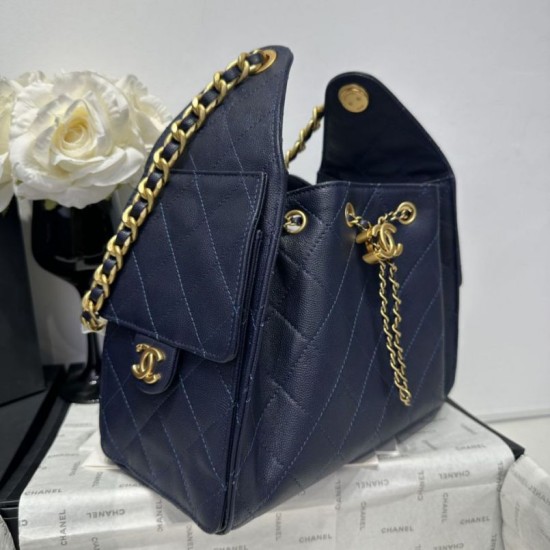 Replica Chanel 25c AS5293 Borsa a secchiello Hobo Vintage piccola con coulisse in pelle di vitello granata Blu scuro