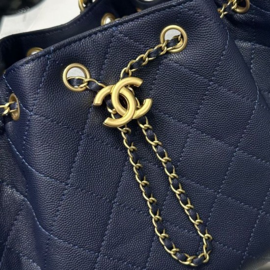 Replica Chanel 25c AS5293 Borsa a secchiello Hobo Vintage piccola con coulisse in pelle di vitello granata Blu scuro