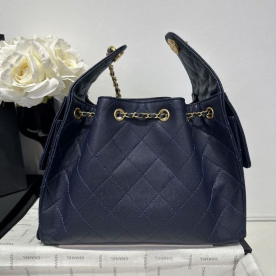 Replica Chanel 25c AS5293 Borsa a secchiello Hobo Vintage piccola con coulisse in pelle di vitello granata Blu scuro