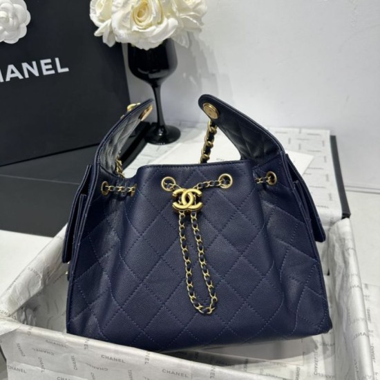 Replica Chanel 25c AS5293 Borsa a secchiello Hobo Vintage piccola con coulisse in pelle di vitello granata Blu scuro