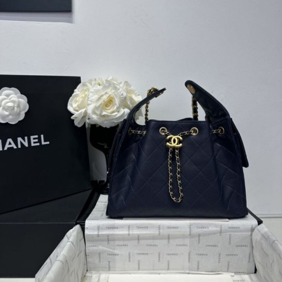Replica Chanel 25c AS5293 Borsa a secchiello Hobo Vintage piccola con coulisse in pelle di vitello granata Blu scuro
