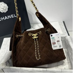 Replica Chanel 25c AS5293 Borse Firmate a secchiello Hobo Vintage piccola con coulisse Denim Caffè Imitazioni Replica Chanel 25c AS5293 Borse Firmate a secchiello Hobo Vintage piccola con coulisse Denim Caffè