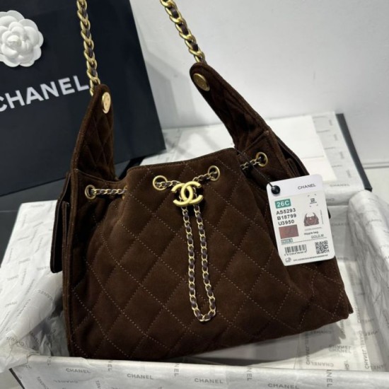 Replica Chanel 25c AS5293 Borse Firmate a secchiello Hobo Vintage piccola con coulisse Denim Caffè Imitazioni Replica Chanel 25c AS5293 Borse Firmate a secchiello Hobo Vintage piccola con coulisse Denim Caffè