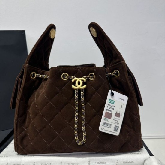 Replica Chanel 25c AS5293 Borse Firmate a secchiello Hobo Vintage piccola con coulisse Denim Caffè Imitazioni Replica Chanel 25c AS5293 Borse Firmate a secchiello Hobo Vintage piccola con coulisse Denim Caffè