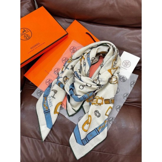 Replica Borsa Sciarpa reversibile in cashmere Hermès con motivo a cavallo che salta 140 Blu