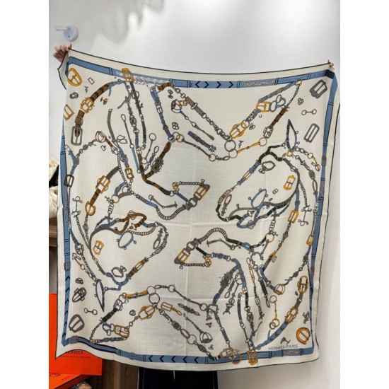 Replica Borsa Sciarpa reversibile in cashmere Hermès con motivo a cavallo che salta 140 Blu