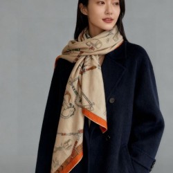 Replica Borsa Sciarpa reversibile in cashmere Hermès con motivo a cavallo che salta 140 Organge