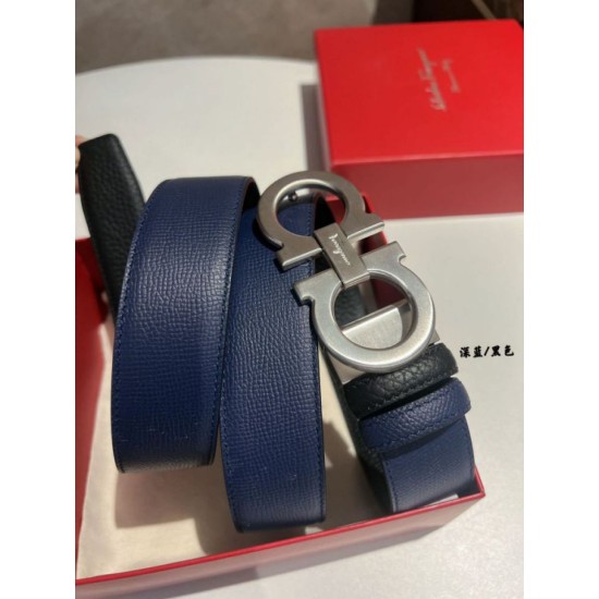 Replica Alta gamma Cintura reversibile da uomo Salvatore Ferragamo da 3.5 cm con clip in metallo argento Nero/Blu Imitazioni Replica Alta gamma Cintura reversibile da uomo Salvatore Ferragamo da 3.5 cm con clip in metallo argento Nero/Blu
