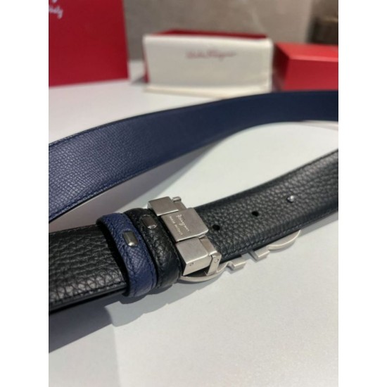 Replica Alta gamma Cintura reversibile da uomo Salvatore Ferragamo da 3.5 cm con clip in metallo argento Nero/Blu Imitazioni Replica Alta gamma Cintura reversibile da uomo Salvatore Ferragamo da 3.5 cm con clip in metallo argento Nero/Blu