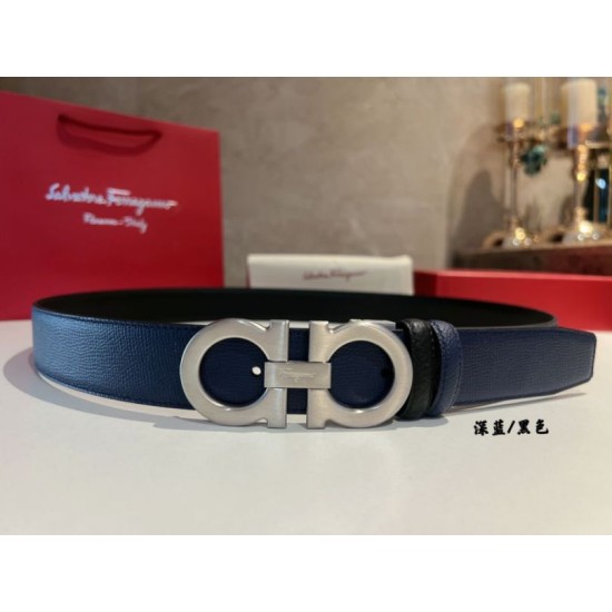 Replica Alta gamma Cintura reversibile da uomo Salvatore Ferragamo da 3.5 cm con clip in metallo argento Nero/Blu Imitazioni Replica Alta gamma Cintura reversibile da uomo Salvatore Ferragamo da 3.5 cm con clip in metallo argento Nero/Blu