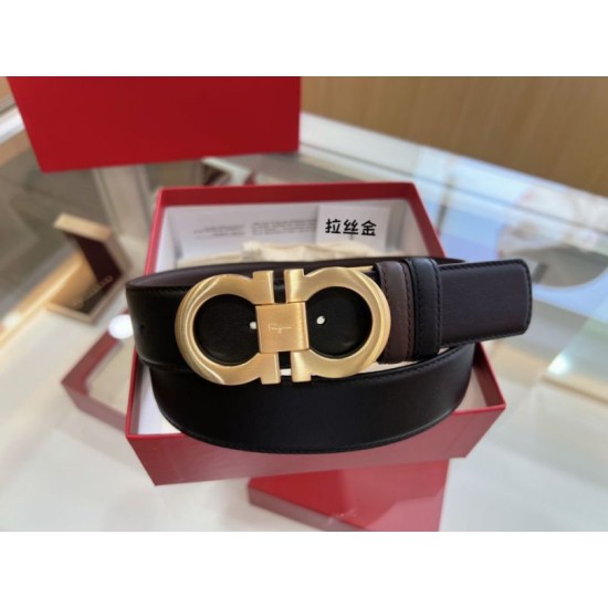 Replica Cintura reversibile da uomo Salvatore Ferragamo da 3,5 cm con fibbia a ferro di cavallo a doppio anello oro Imitazioni Replica Cintura reversibile da uomo Salvatore Ferragamo da 3,5 cm con fibbia a ferro di cavallo a doppio anello oro