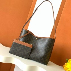 Replica Borsa shopper morbida Celine Triomphe in tela/pelle di vitello color cuoio