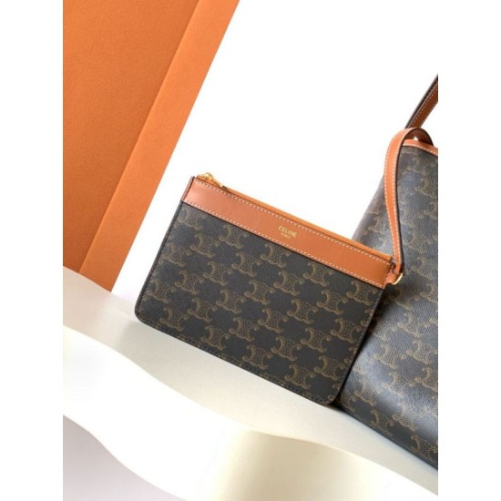 Replica Borsa shopper morbida Celine Triomphe in tela/pelle di vitello color cuoio