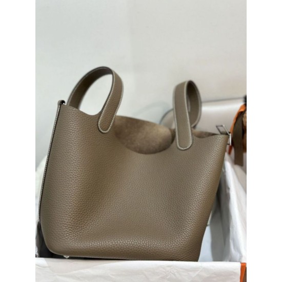 Replica Borsa Hermes Picotin Lock 18/22 Etoupe grigia hardware argentato Imitazioni Replica Borsa Hermes Picotin Lock 18/22 Etoupe grigia hardware argentato