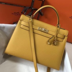 Replica Borsa Hermes Kelly 28cm/32cm Giallo Epsom hardware dorato