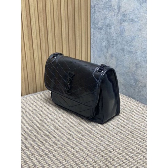 Replica Borsa a tracolla vintage Niki media YSL Saint Laurent pelle cerata e oliata Nero