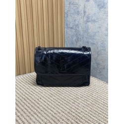 Borsa a tracolla vintage Niki media YSL Saint Laurent pelle cerata e oliata Nero