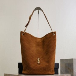 Replica Borsa a secchiello morbida Niki YSL Saint Laurent pelle scamosciata caramello