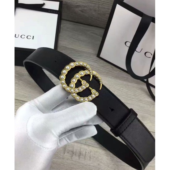 Riproduzione Fedele replica Cintura in pelle con perla Double G Nero imitazioni Replica Alta Qualità Cintura in pelle con perla Double G Nero
