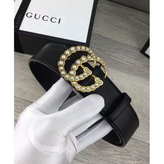 Riproduzione Fedele replica Cintura in pelle con perla Double G Nero imitazioni Replica Alta Qualità Cintura in pelle con perla Double G Nero
