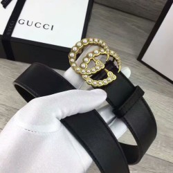 Riproduzione Fedele replica Cintura in pelle con perla Double G Nero imitazioni Replica Alta Qualità Cintura in pelle con perla Double G Nero
