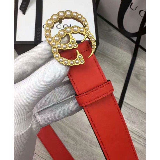 Riproduzione Fedele replica Cintura in pelle con perla Double G Red imitazioni Replica Alta Qualità Cintura in pelle con perla Double G Red