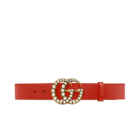 Riproduzione Fedele replica Cintura in pelle con perla Double G Red imitazioni Replica Alta Qualità Cintura in pelle con perla Double G Red