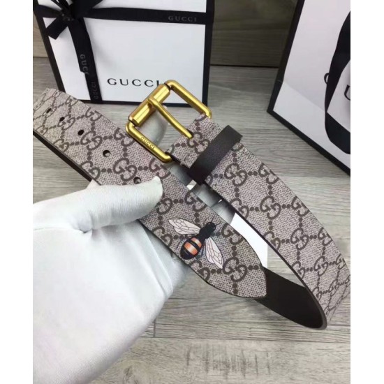 Replica Alta Qualità Bee stampa GG Supreme cintura con fibbia quadrata caffè