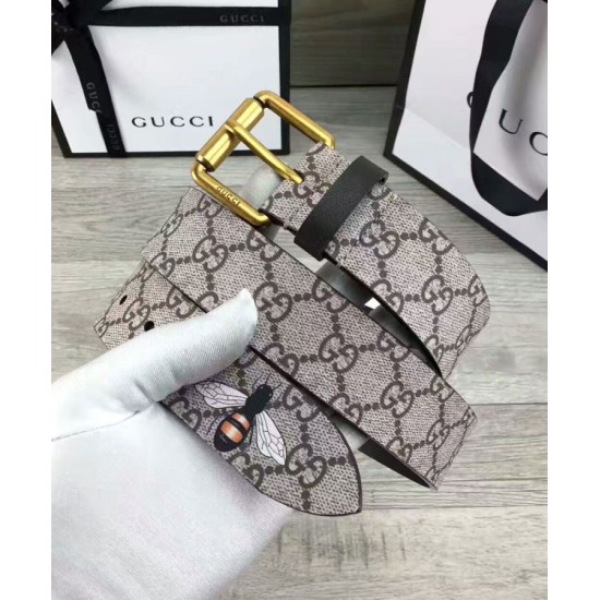 Replica Alta Qualità Bee stampa GG Supreme cintura con fibbia quadrata caffè