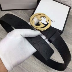 Riproduzione Fedele replica Cuoio Signature in cuoio Cintura Nera Oro imitazioni Replica Alta Qualità Cuoio Signature in cuoio Cintura Nera Oro