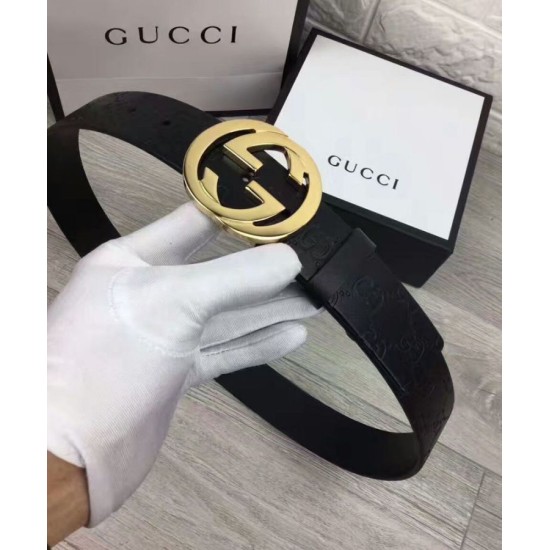 Riproduzione Fedele replica Cuoio Signature in cuoio Cintura Nera Oro imitazioni Replica Alta Qualità Cuoio Signature in cuoio Cintura Nera Oro