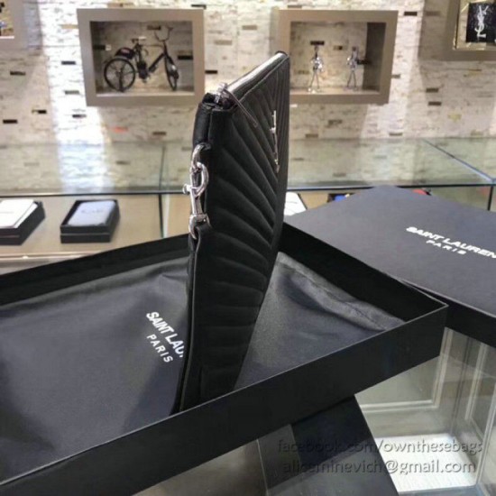 Riproduzione Fedele Dettagli perfetti Pochette Saint Laurent nera con hardware argento imitazioni Replica Alta Qualità Dettagli perfetti Pochette Saint Laurent nera con hardware argento