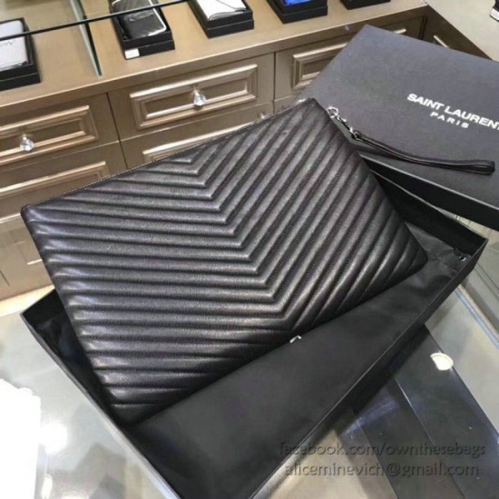 Riproduzione Fedele Dettagli perfetti Pochette Saint Laurent nera con hardware argento imitazioni Replica Alta Qualità Dettagli perfetti Pochette Saint Laurent nera con hardware argento