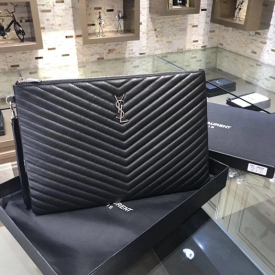 Riproduzione Fedele Dettagli perfetti Pochette Saint Laurent nera con hardware argento imitazioni Replica Alta Qualità Dettagli perfetti Pochette Saint Laurent nera con hardware argento