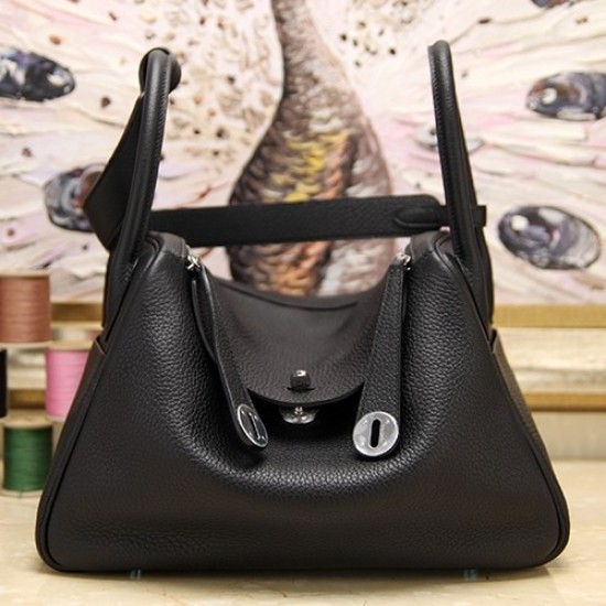 Riproduzione Fedele Hermes Lindy 26cm 30cm 34cm Borsa in pelle nera imitazioni Replica Alta Qualità Hermes Lindy 26cm 30cm 34cm Borsa in pelle nera