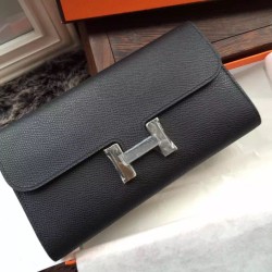 Replica perfette Alta gamma Dettagli perfetti Portafoglio Hermes Costanza a lungo in pelle nera Epsom