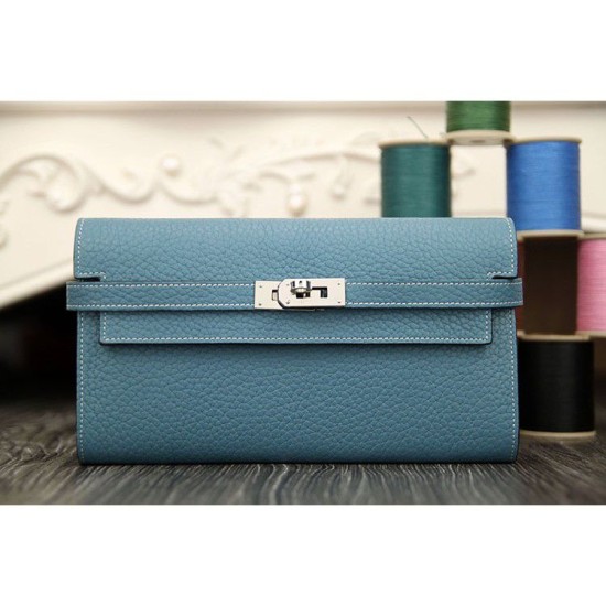 Replica perfette Portafoglio Hermes Kelly Longue in pelle Jean Blu Clemence