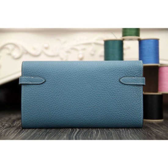 Replica perfette Portafoglio Hermes Kelly Longue in pelle Jean Blu Clemence