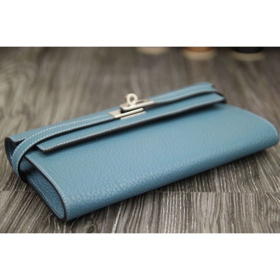 Replica perfette Portafoglio Hermes Kelly Longue in pelle Jean Blu Clemence