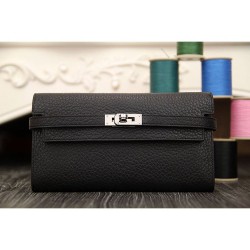 Replica perfette Alta gamma Portafoglio Hermes Kelly Longue in pelle nera Clemence