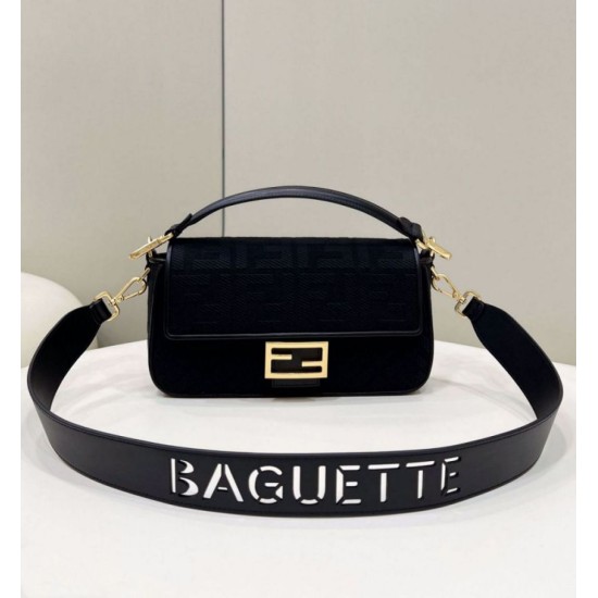 Replica Perfette Borsa in tela Fendi Baguette media FF 8BR600 Nera imitazioni