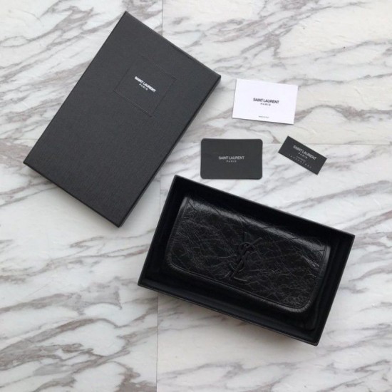 Portafoglio grande YSL Saint Laurent Niki in pelle nera increspata vintage Dupe Perfetta Cloni Firmate Portafoglio grande YSL Saint Laurent Niki in pelle nera increspata vintage imitazioni